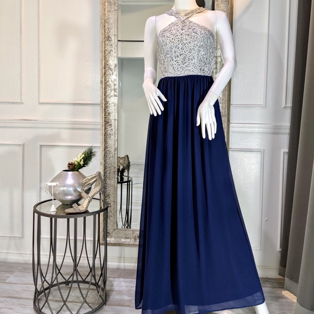 Navy Blue & Silver Formal Evening Prom Dress